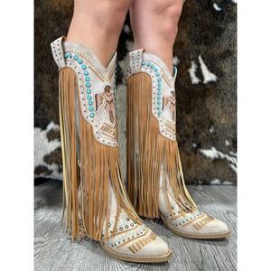 Stunning Western Cowgirl Boots Beaded Fringe Turquoise Eagle Design Size 10